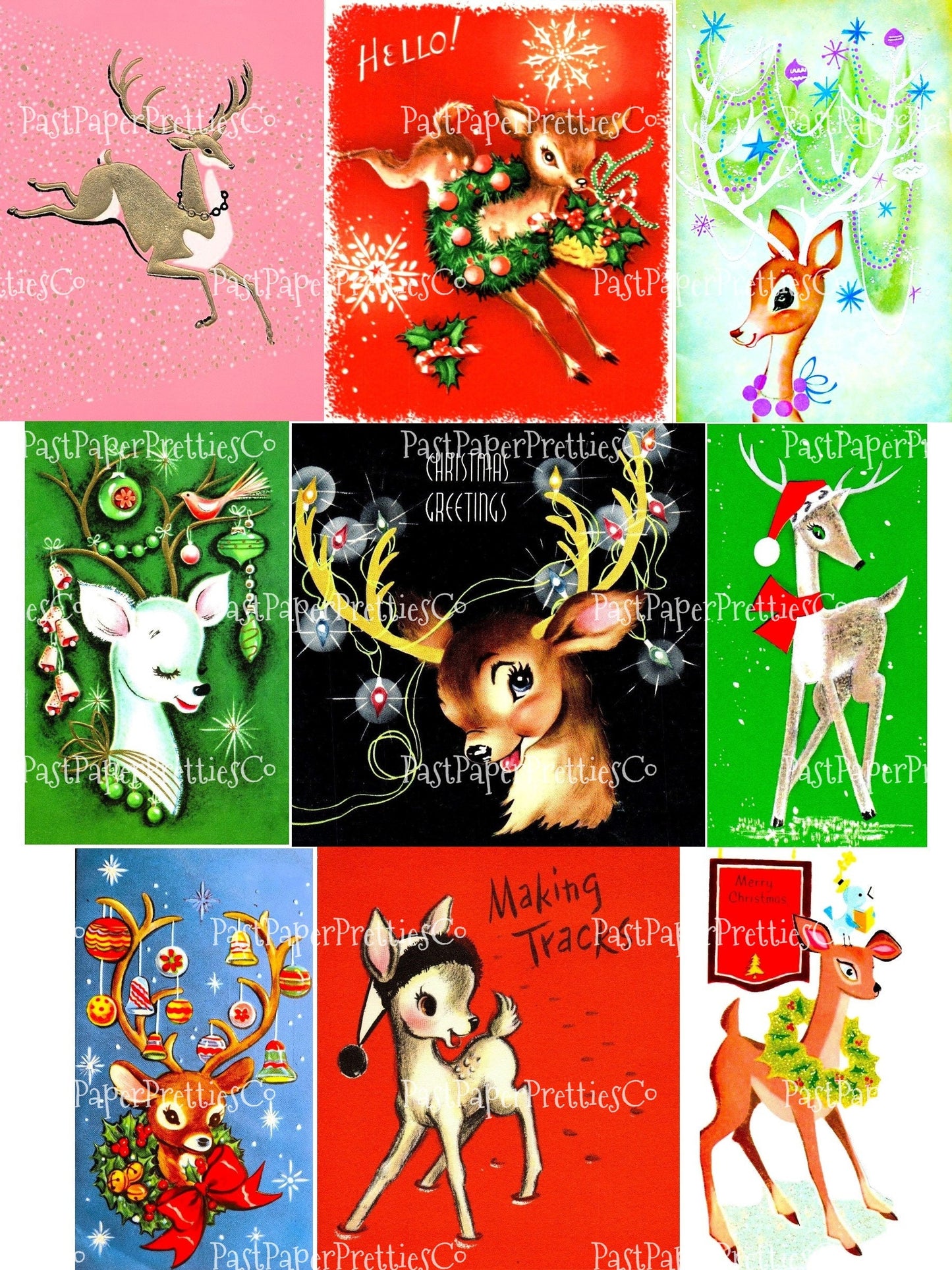 Vintage Printable Retro MCM Christmas Reindeer Collage Sheets and Full Card Images PDF Instant Digital Download Mid Mod Century Deer Clipart