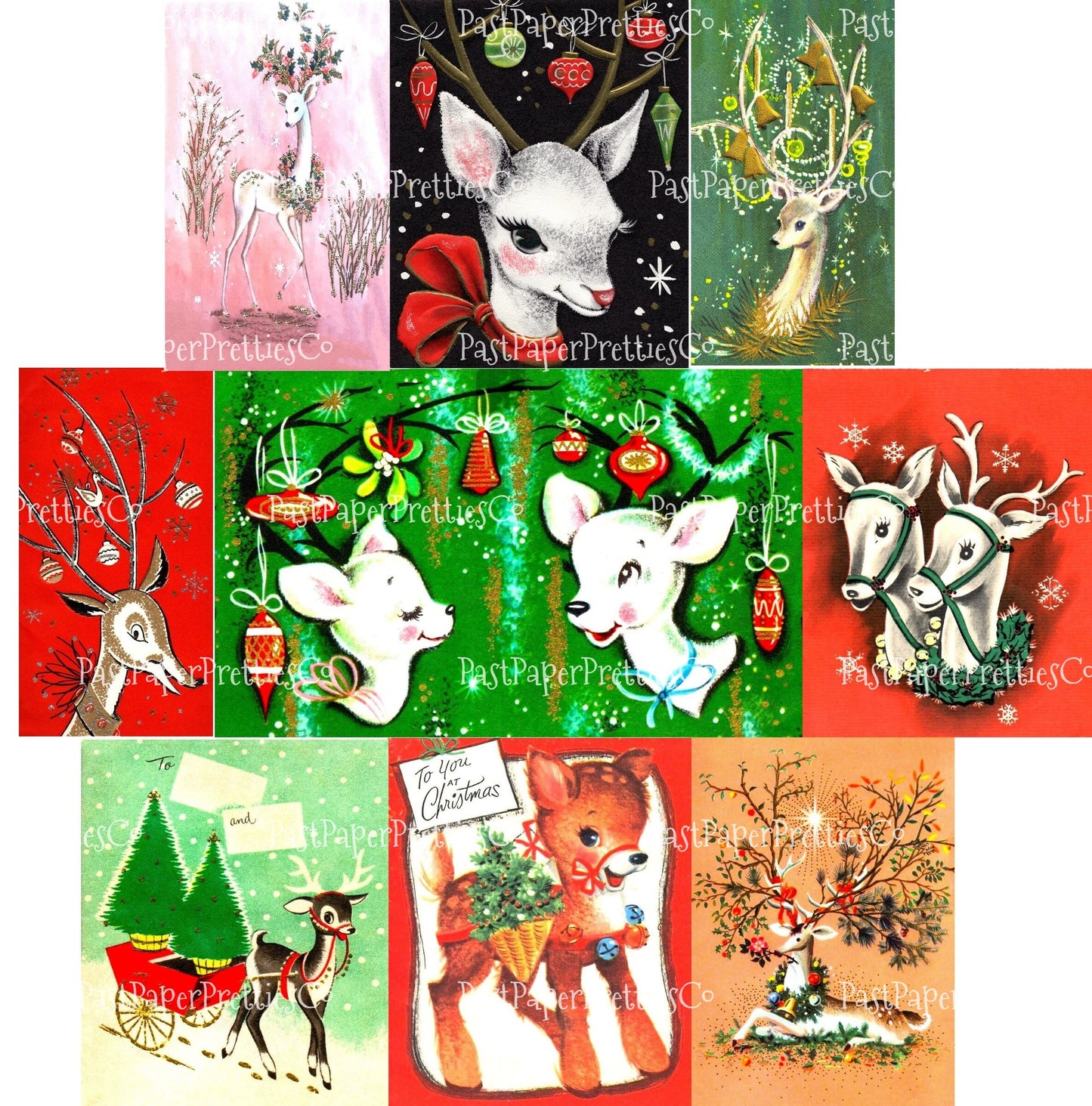 Vintage Printable Retro MCM Christmas Reindeer Collage Sheets and Full Card Images PDF Instant Digital Download Mid Mod Century Deer Clipart