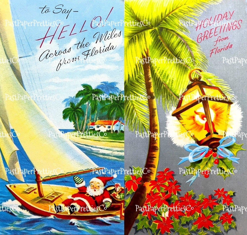 Vintage Printable Florida Christmas Card Images Tropical Holiday Santa Collages & Singles PDF Instant Digital Download MCM Holiday Clipart