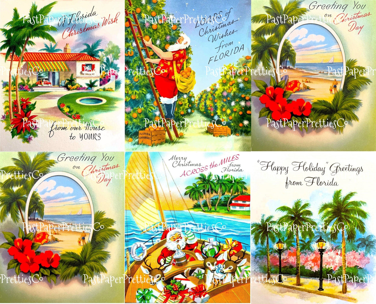 Vintage Printable Florida Christmas Card Images Tropical Holiday Santa Collages & Singles PDF Instant Digital Download MCM Holiday Clipart