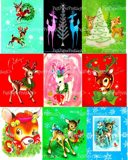 Vintage Printable Retro MCM Christmas Reindeer Collage Sheets and Full Card Images PDF Instant Digital Download Mid Mod Century Deer Clipart