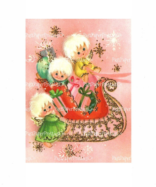 Vintage Mod Angel Kids Glittery Glam Pink Sleigh Card Image Printable Card MCM Retro 1970s PDF Instant Digital Download Kitschmas Clipart