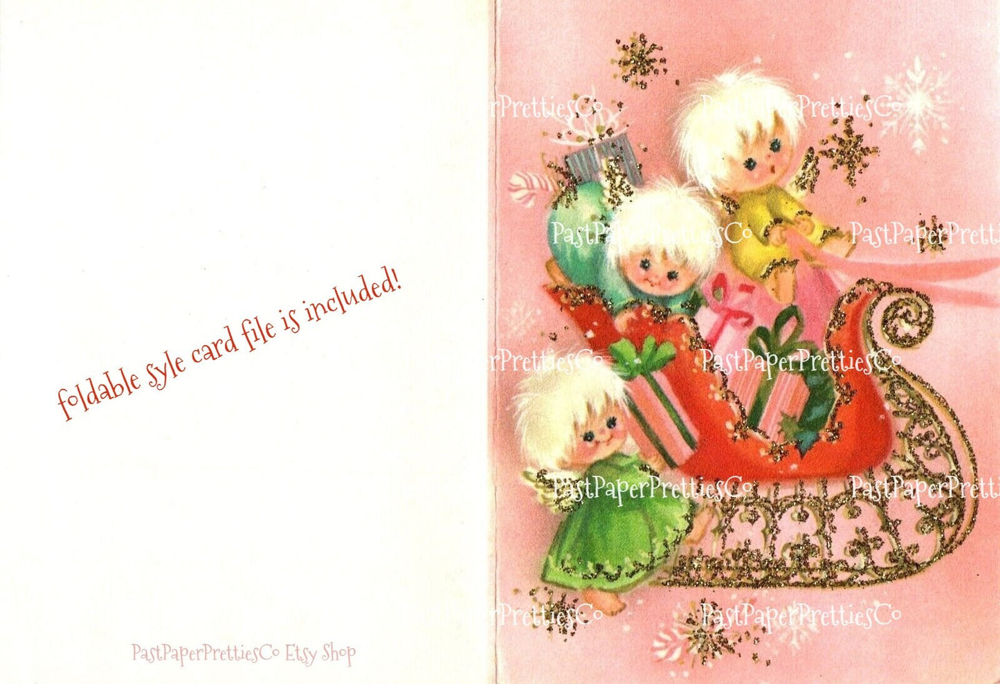 Vintage Mod Angel Kids Glittery Glam Pink Sleigh Card Image Printable Card MCM Retro 1970s PDF Instant Digital Download Kitschmas Clipart