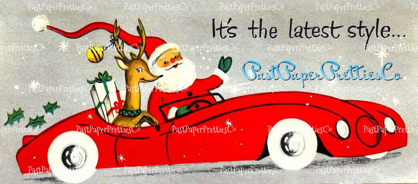 Vintage Printable Santa and Reindeer Red Sports Car Christmas Card Image PDF Instant Digital Download Kitsch MCM Clipart 3 Backgrounds