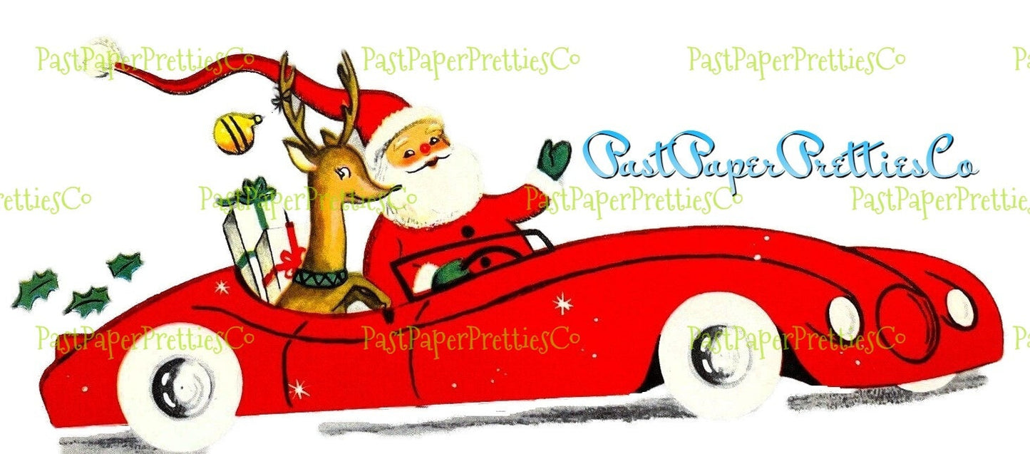 Vintage Printable Santa and Reindeer Red Sports Car Christmas Card Image PDF Instant Digital Download Kitsch MCM Clipart 3 Backgrounds