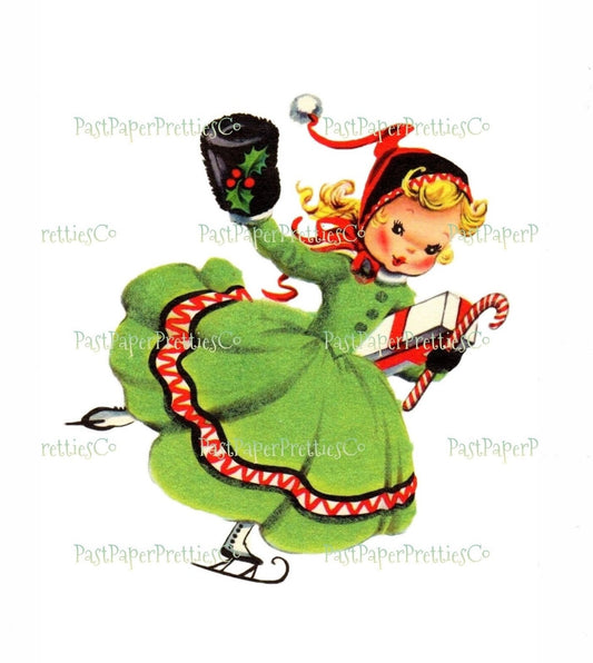 Vintage Printable Little Miss Christmas Girl Skating Card Image Green Dress Instant Digital Download Kitsch Cute Holiday Clipart JPEG PNG