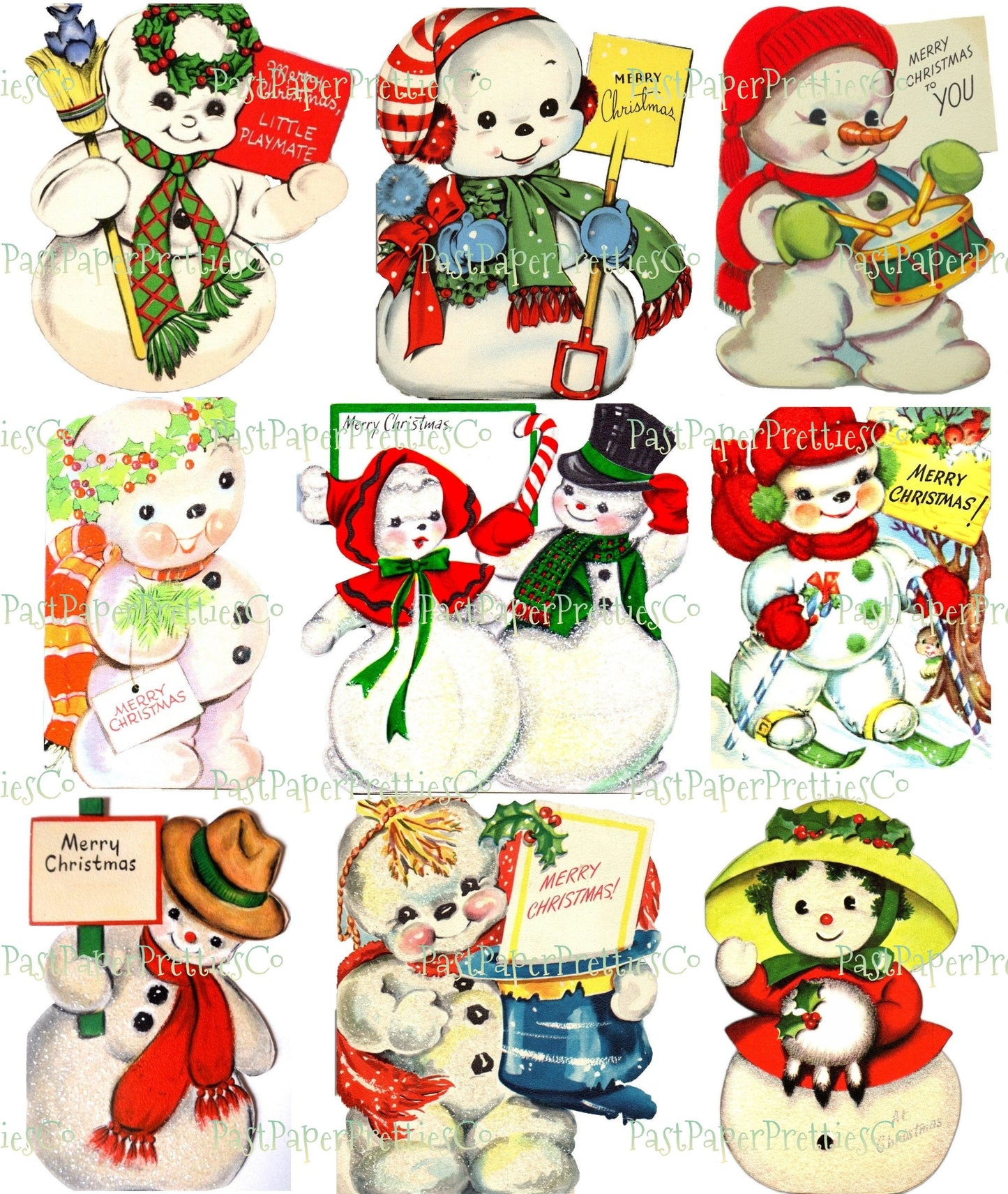 Vintage Printable Cute Snowman Christmas Card Images 3 Sizes Fussy Cuts Collages Full Cards PDF Instant Digital Download ALL Snowmen Clipart