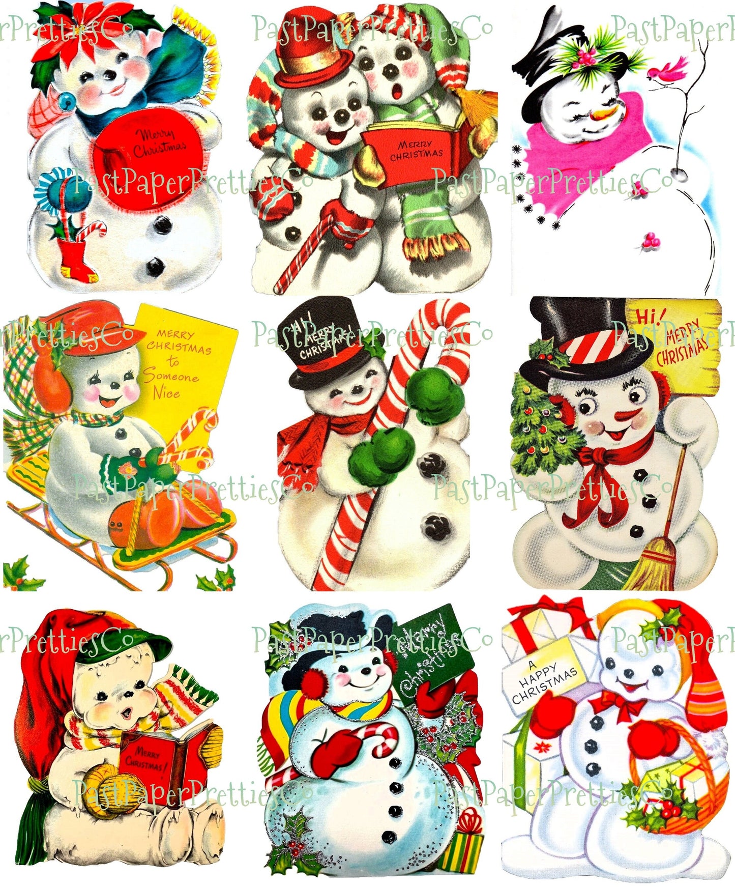 Vintage Printable Cute Snowman Christmas Card Images 3 Sizes Fussy Cuts Collages Full Cards PDF Instant Digital Download ALL Snowmen Clipart