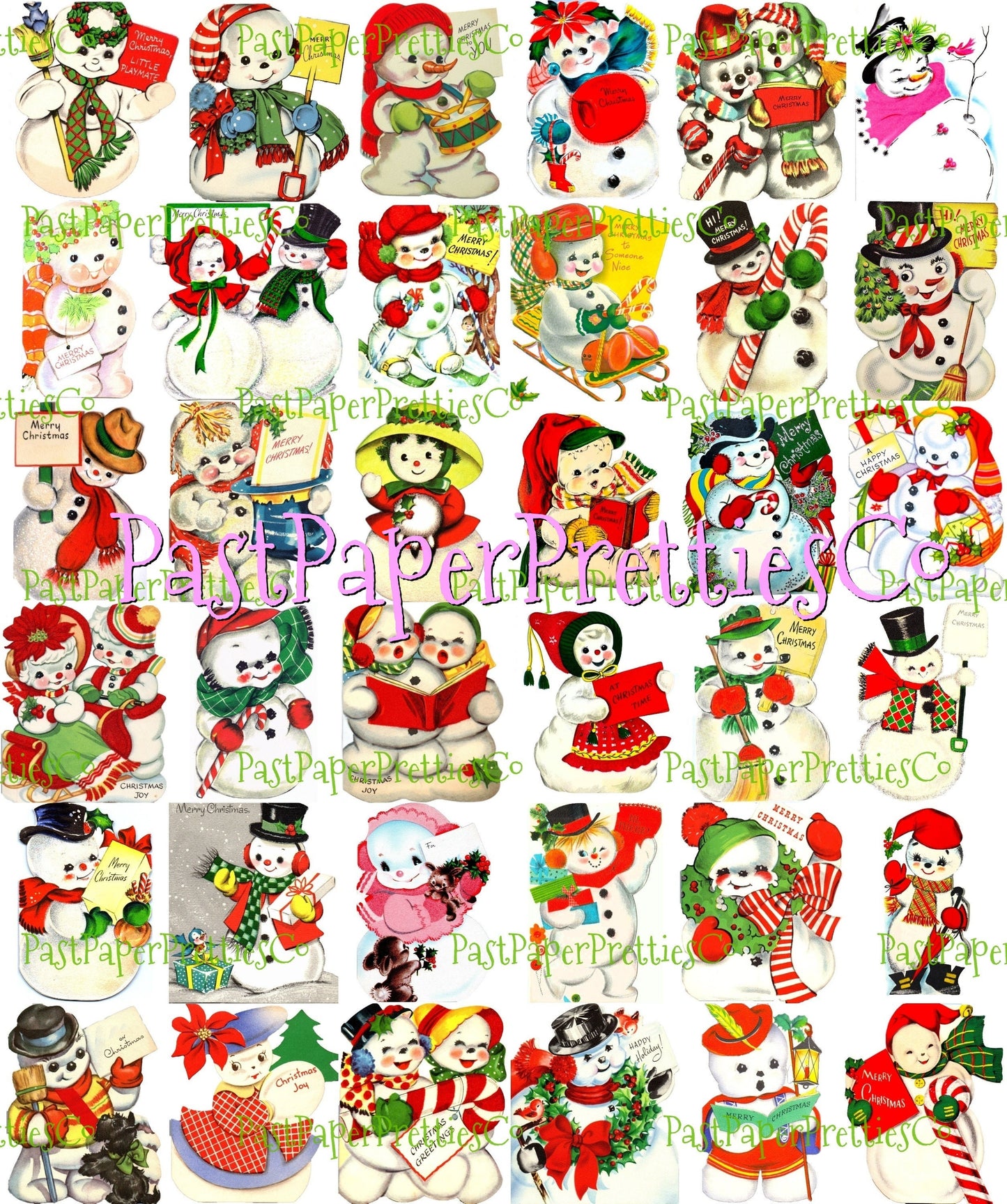 Vintage Printable Cute Snowman Christmas Card Images 3 Sizes Fussy Cuts Collages Full Cards PDF Instant Digital Download ALL Snowmen Clipart