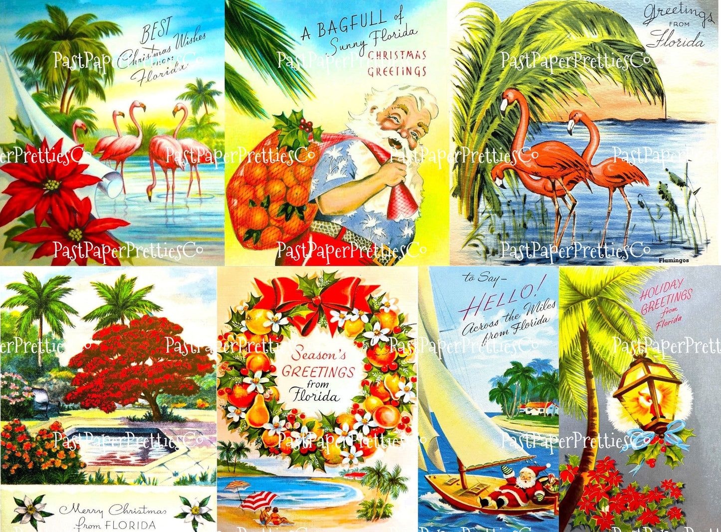 Vintage Printable Florida Christmas Card Images Tropical Holiday Santa Collages & Singles PDF Instant Digital Download MCM Holiday Clipart