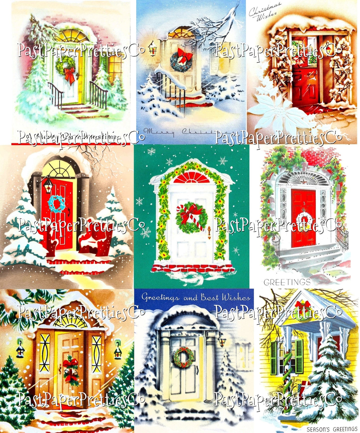 63 Vintage Printable Christmas House Front Doors Snowy Entrances Collage Sheets Retro MCM Card Images PDF Instant Digital Download JPEGs