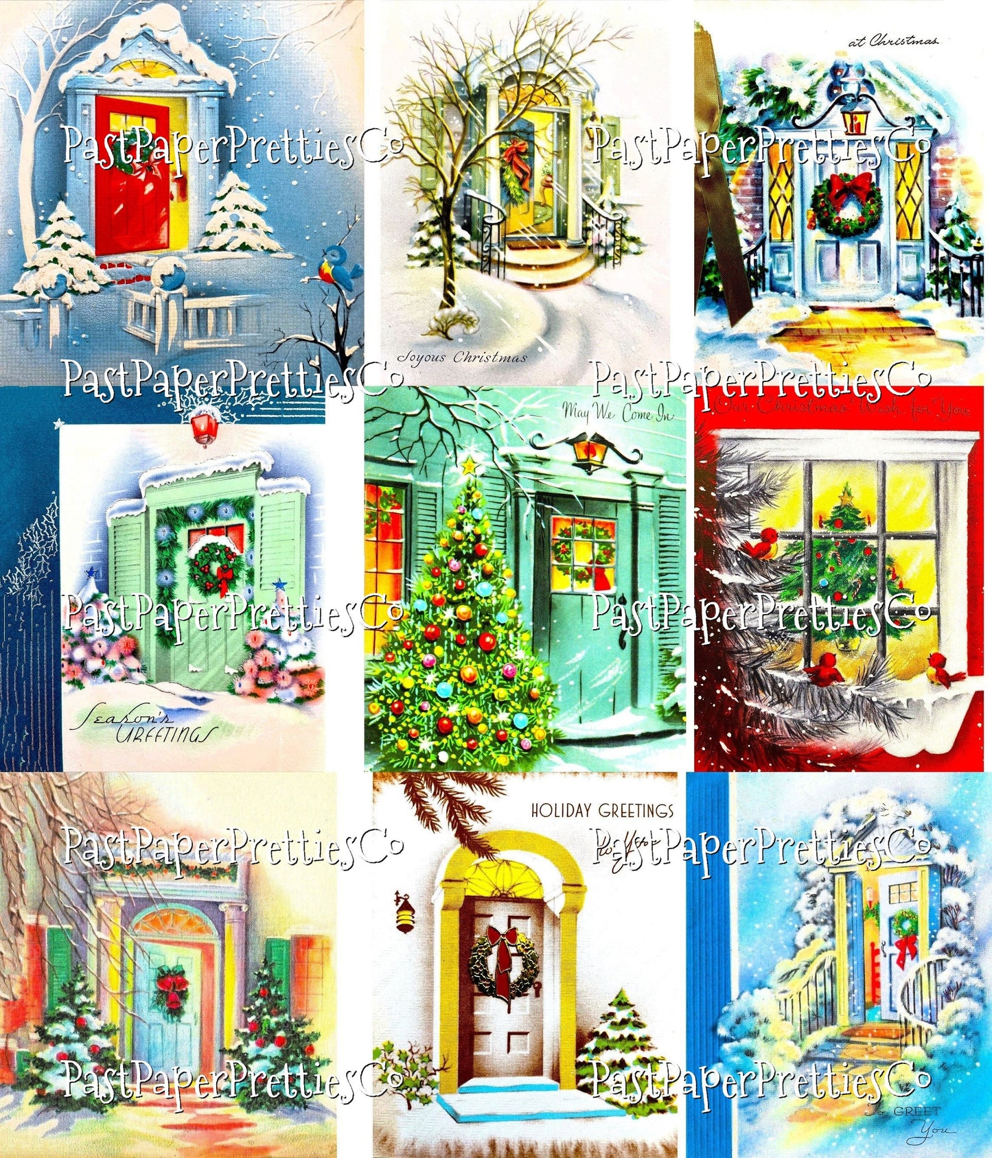 63 Vintage Printable Christmas House Front Doors Snowy Entrances Collage Sheets Retro MCM Card Images PDF Instant Digital Download JPEGs