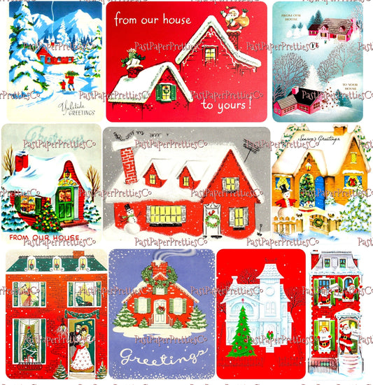 45 Vintage Printable Christmas Houses Snowy Outdoor Holiday Homes Collage Sheets Retro MCM Card Images PDF Instant Digital Download