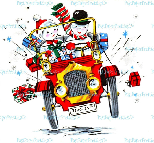 Vintage Printable Happy Snowman Snow Couple in Jalopy Car Christmas Card Image Retro 1950s Instant Digital Download Kitsch Clipart JPEG PNG