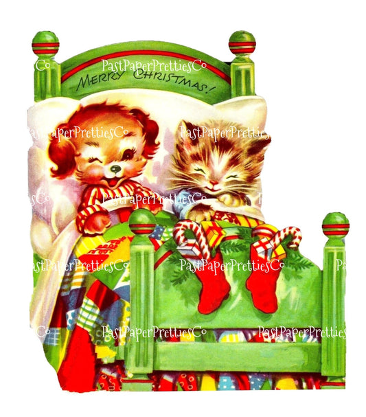 Vintage Printable Cute Puppy and Kitten Night Before Christmas Card Image Retro 1960s Instant Digital Download Kitsch Clipart JPEG PNG