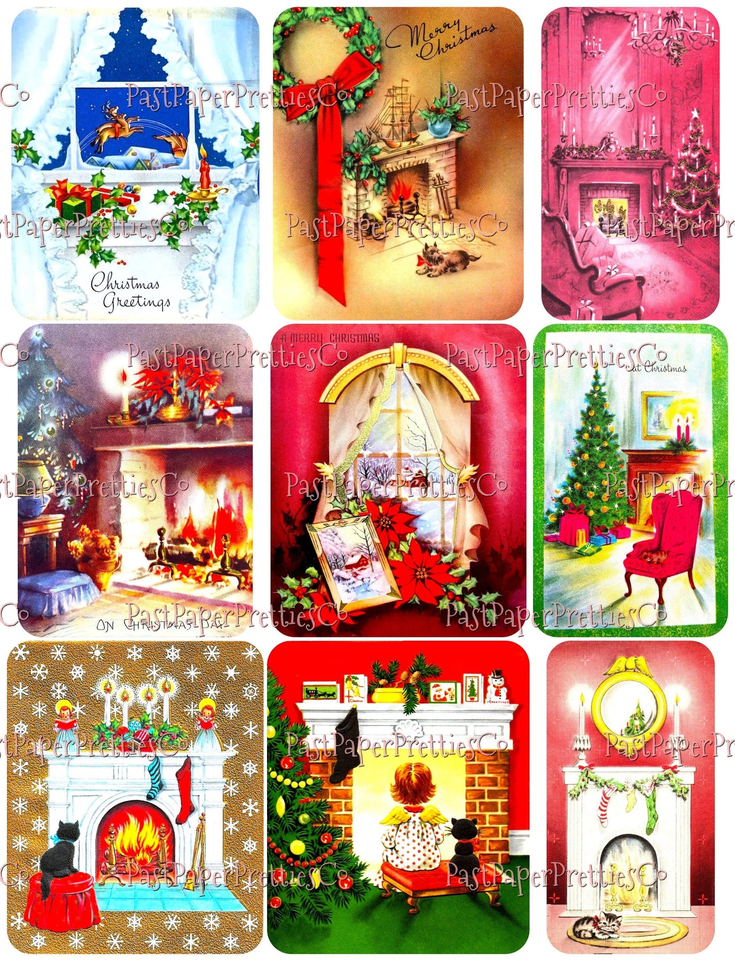 36 Vintage Printable Christmas House Interiors Tree Fireplace Indoor Scenes Collage Sheets MCM Card Images PDF Instant Digital Download