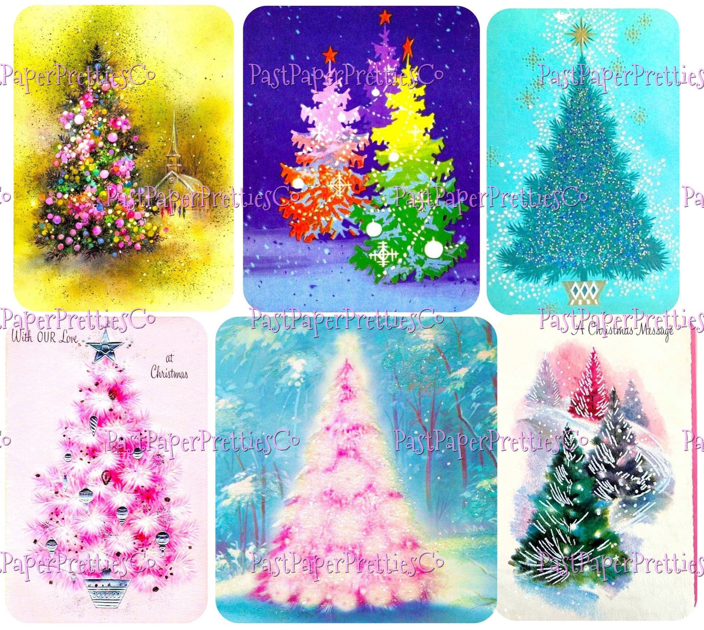 Vintage Printable Retro Pink Pastels Christmas Tree Card Images Collage Sheets Full Cards PDF Instant Digital Download MCM Mod Mid Century