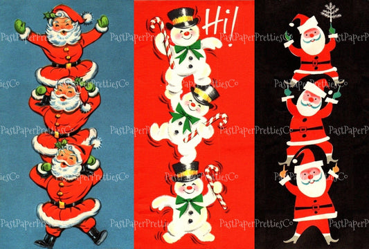 Vintage Printable Santa Claus and Snowman Pile Ups Christmas Card Images PDF Instant Digital Download Merry Kitschmas Holiday Clip Art