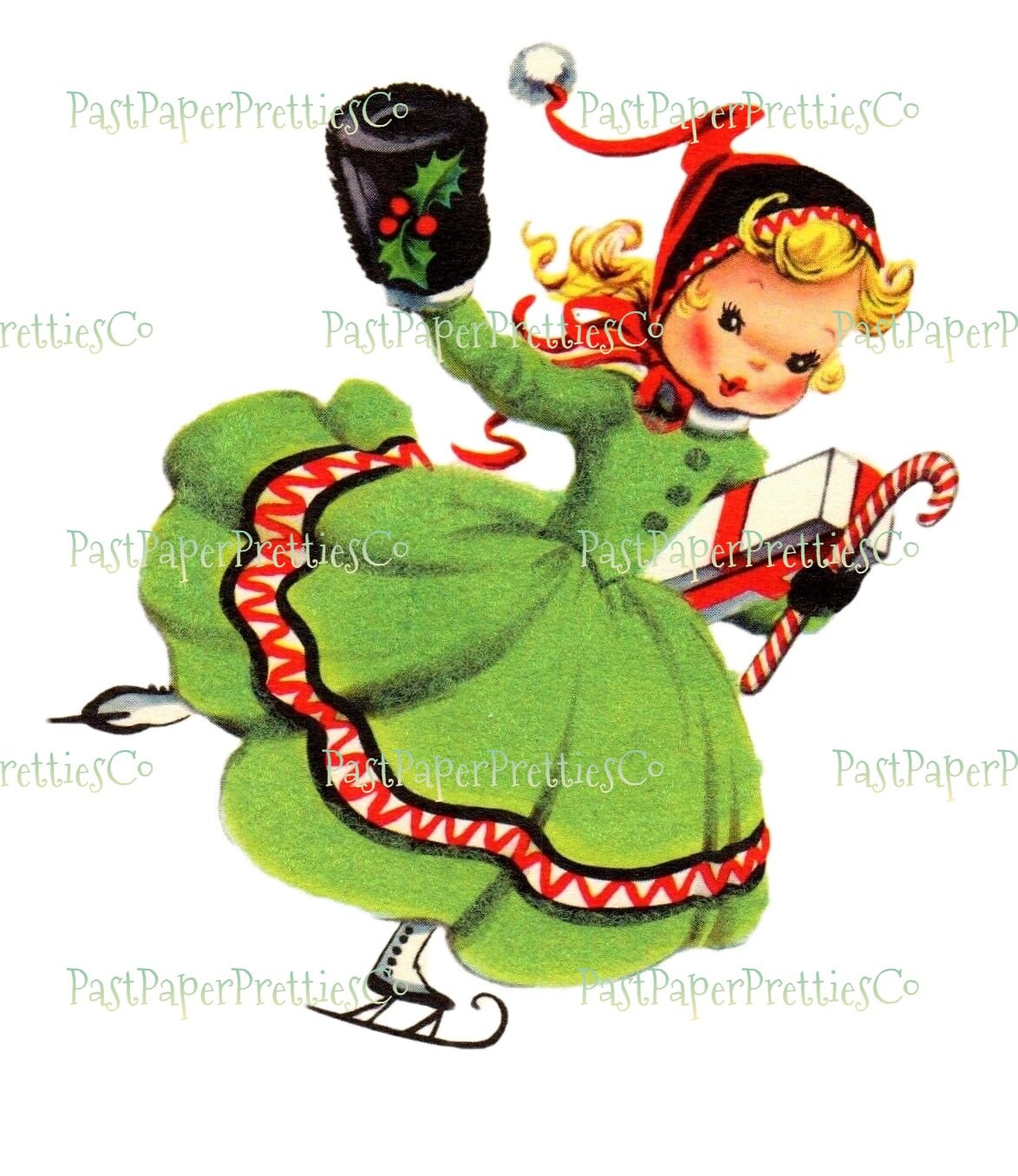 Vintage Printable Little Miss Christmas Girl Skating Card Image Green Dress Instant Digital Download Kitsch Cute Holiday Clipart JPEG PNG