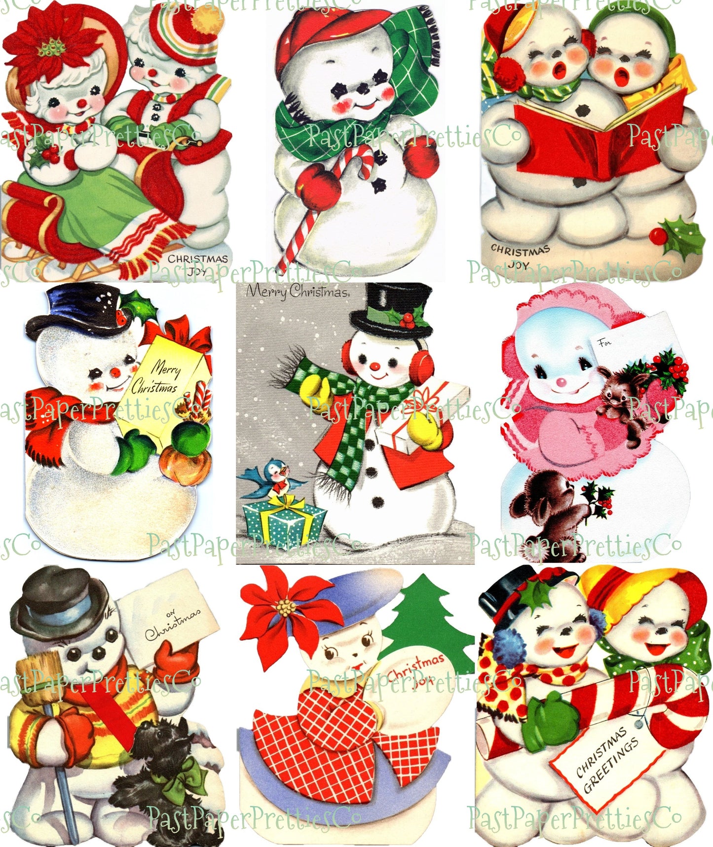 Vintage Printable Cute Snowman Christmas Card Images 3 Sizes Fussy Cuts Collages Full Cards PDF Instant Digital Download ALL Snowmen Clipart