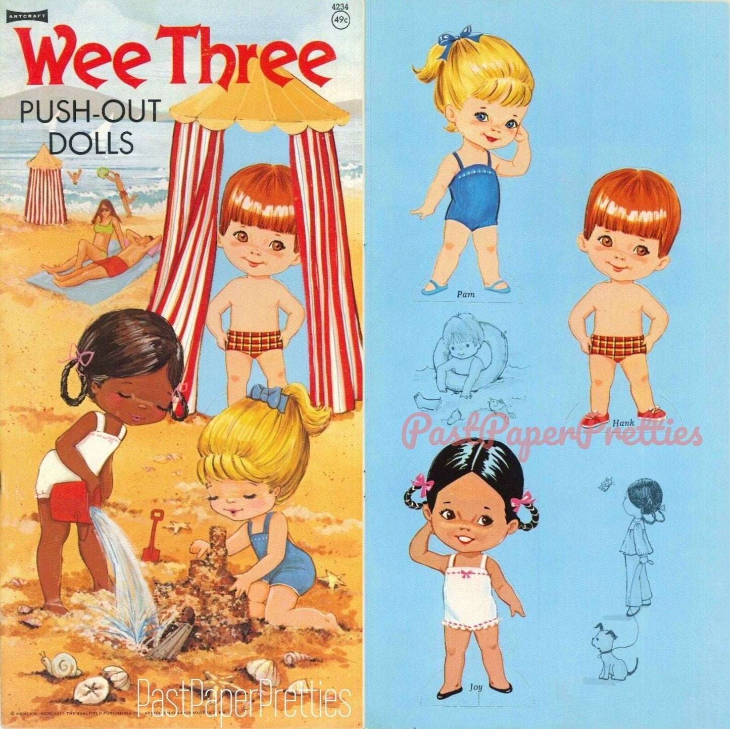 Vintage Paper Dolls Wee Three c. 1973 Printable PDF Instant Digital Download 3 Big Eyed Kids Beach Wear Clip Art