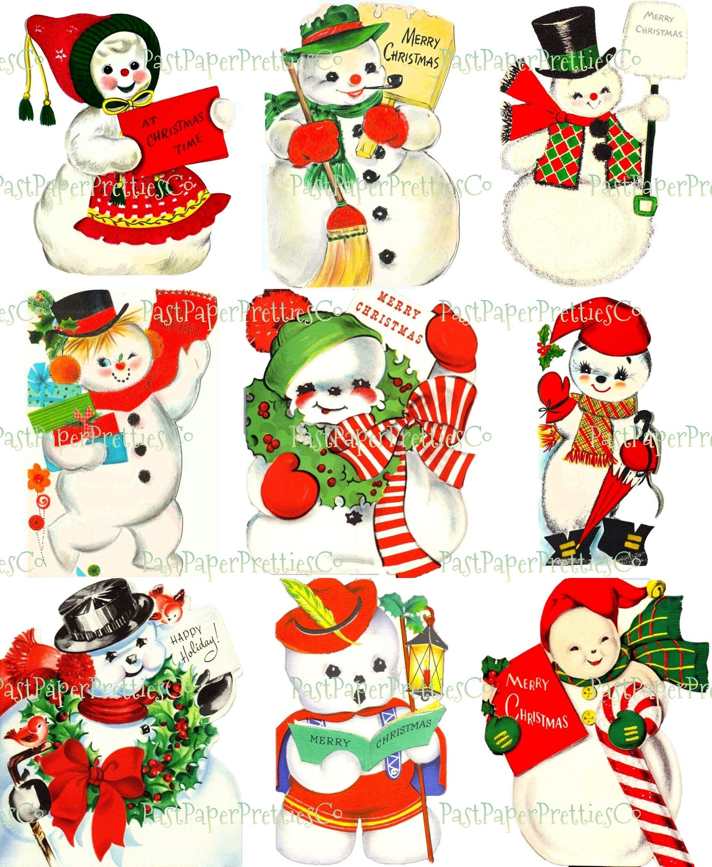 Vintage Printable Cute Snowman Christmas Card Images 3 Sizes Fussy Cuts Collages Full Cards PDF Instant Digital Download ALL Snowmen Clipart