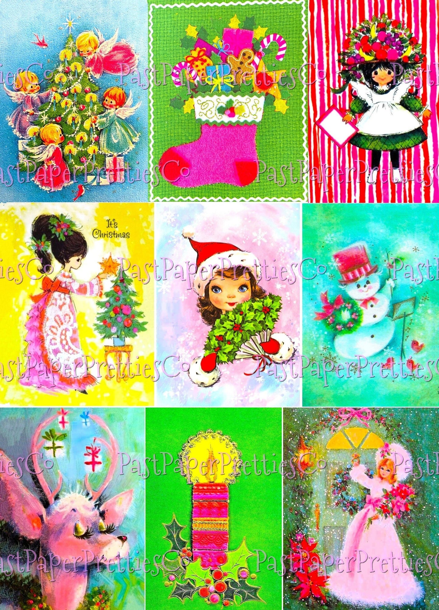 54 Vintage Retro '70s Groovy Mod Christmas Card Collage Sheets Full Cards Printable PDF Instant Digital Download Kitschy Cute Images