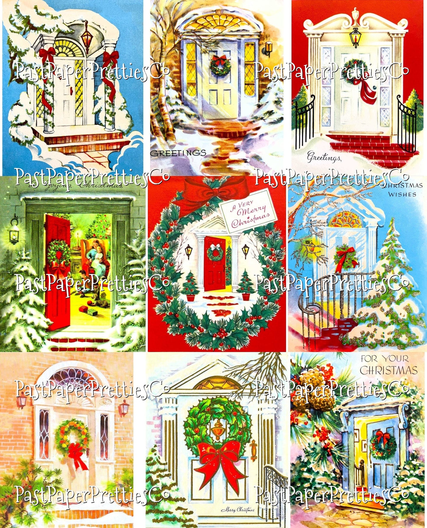 63 Vintage Printable Christmas House Front Doors Snowy Entrances Collage Sheets Retro MCM Card Images PDF Instant Digital Download JPEGs