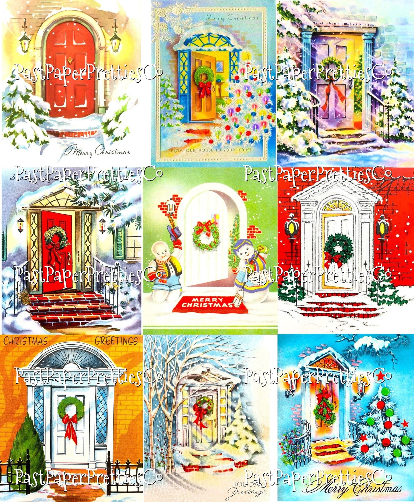 63 Vintage Printable Christmas House Front Doors Snowy Entrances Collage Sheets Retro MCM Card Images PDF Instant Digital Download JPEGs