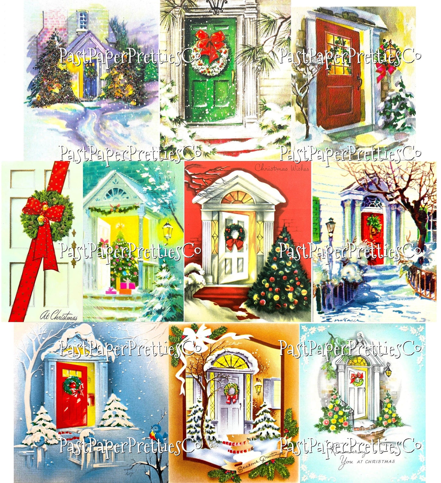 63 Vintage Printable Christmas House Front Doors Snowy Entrances Collage Sheets Retro MCM Card Images PDF Instant Digital Download JPEGs