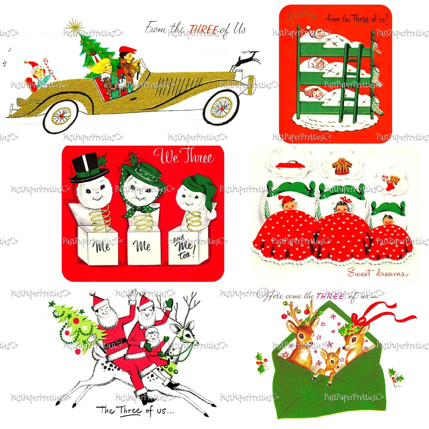 Vintage Printable Christmas Family of 3 From the Three of Us Card Images 2 Sizes Collages Full Cards PDF Instant Digital Download Retro MCM