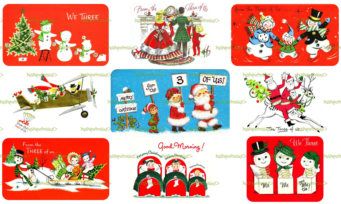 Vintage Printable Christmas Family of 3 From the Three of Us Card Images 2 Sizes Collages Full Cards PDF Instant Digital Download Retro MCM