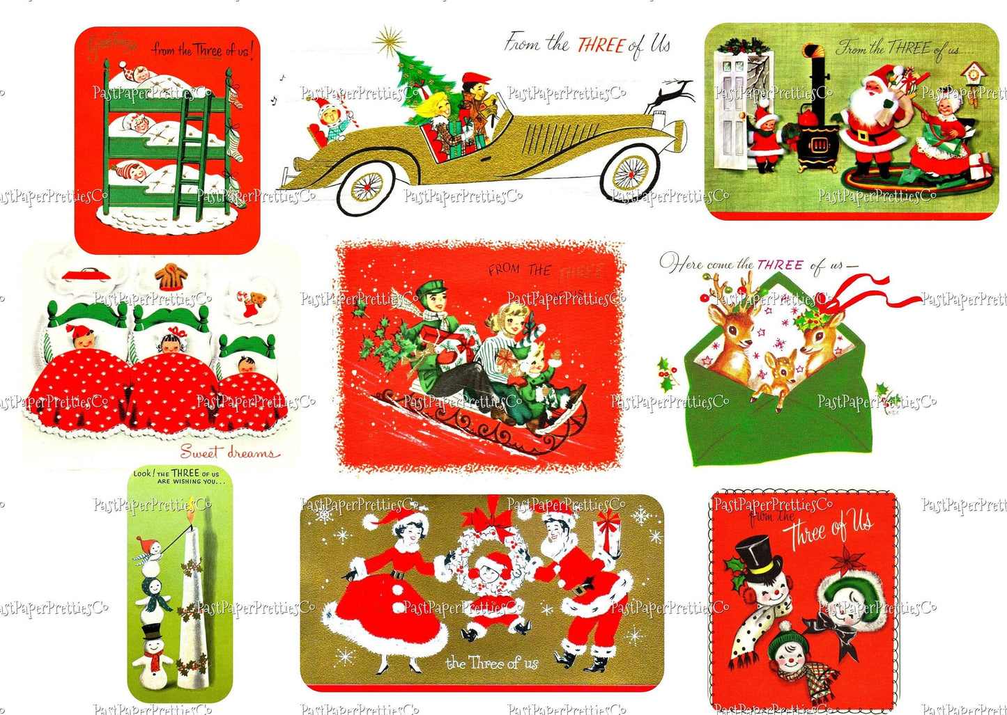 Vintage Printable Christmas Family of 3 From the Three of Us Card Images 2 Sizes Collages Full Cards PDF Instant Digital Download Retro MCM