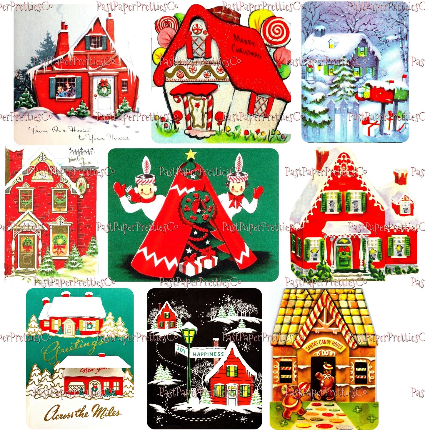 45 Vintage Printable Christmas Houses Snowy Outdoor Holiday Homes Collage Sheets Retro MCM Card Images PDF Instant Digital Download