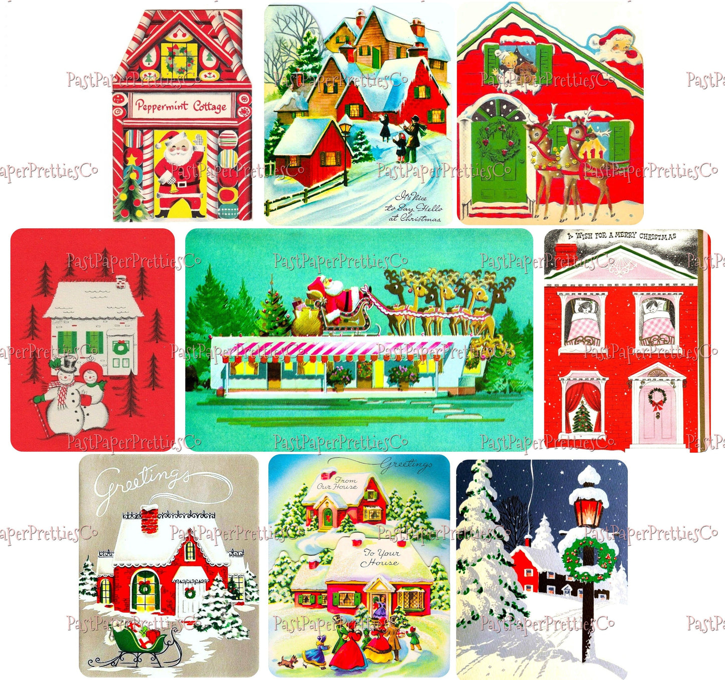 45 Vintage Printable Christmas Houses Snowy Outdoor Holiday Homes Collage Sheets Retro MCM Card Images PDF Instant Digital Download