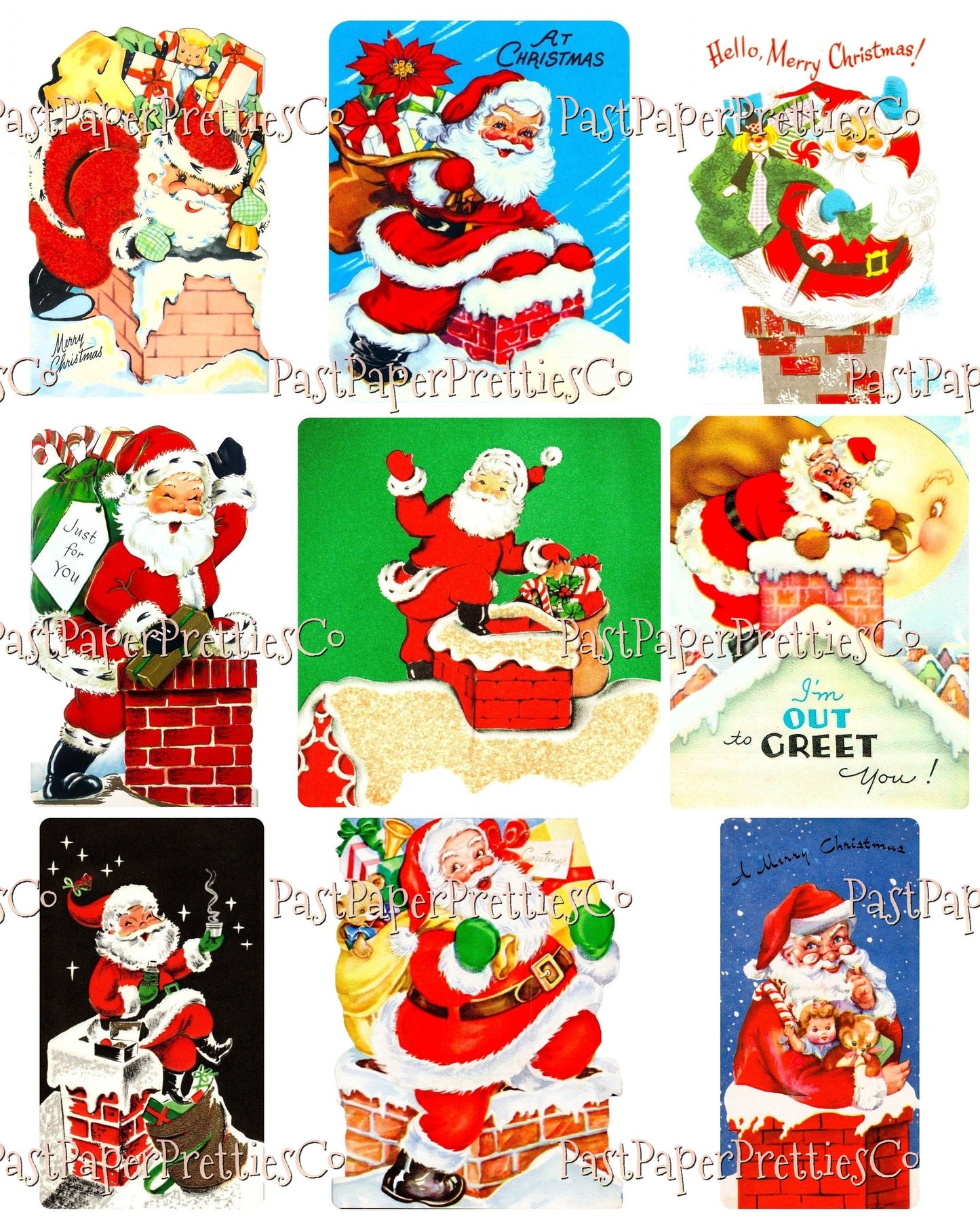 36 Vintage Christmas Santa Claus Chimney Collages and Full Size Card Images PDF Instant Digital Download MCM Xmas Rooftop Fireplace Clipart