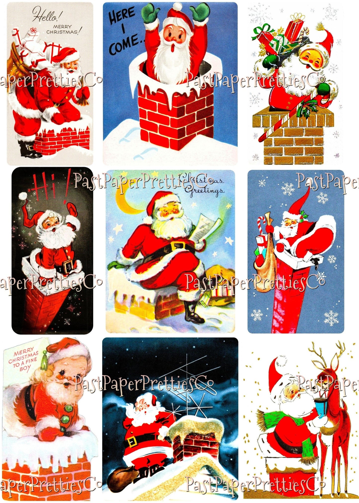 36 Vintage Christmas Santa Claus Chimney Collages and Full Size Card Images PDF Instant Digital Download MCM Xmas Rooftop Fireplace Clipart