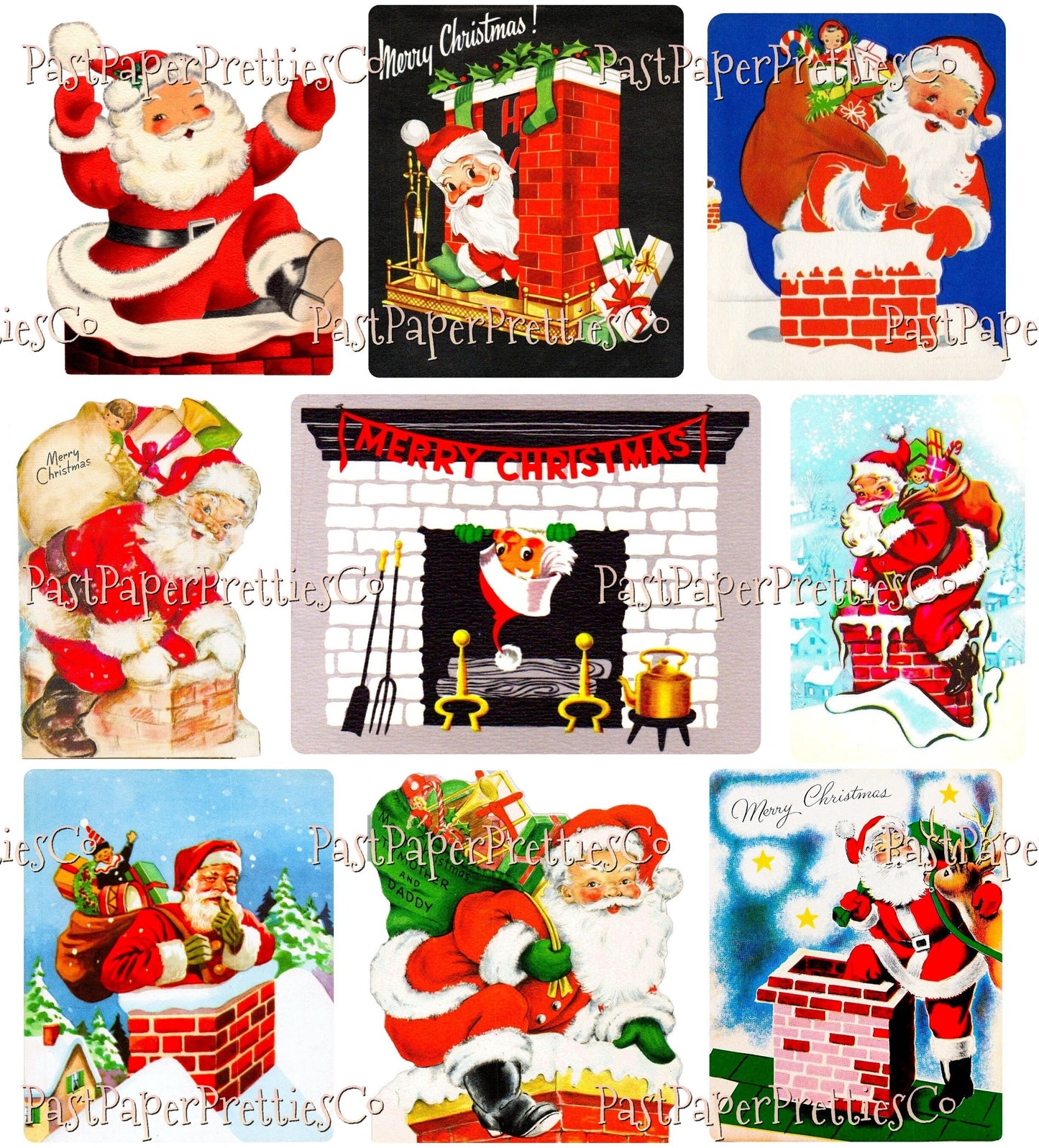 36 Vintage Christmas Santa Claus Chimney Collages and Full Size Card Images PDF Instant Digital Download MCM Xmas Rooftop Fireplace Clipart