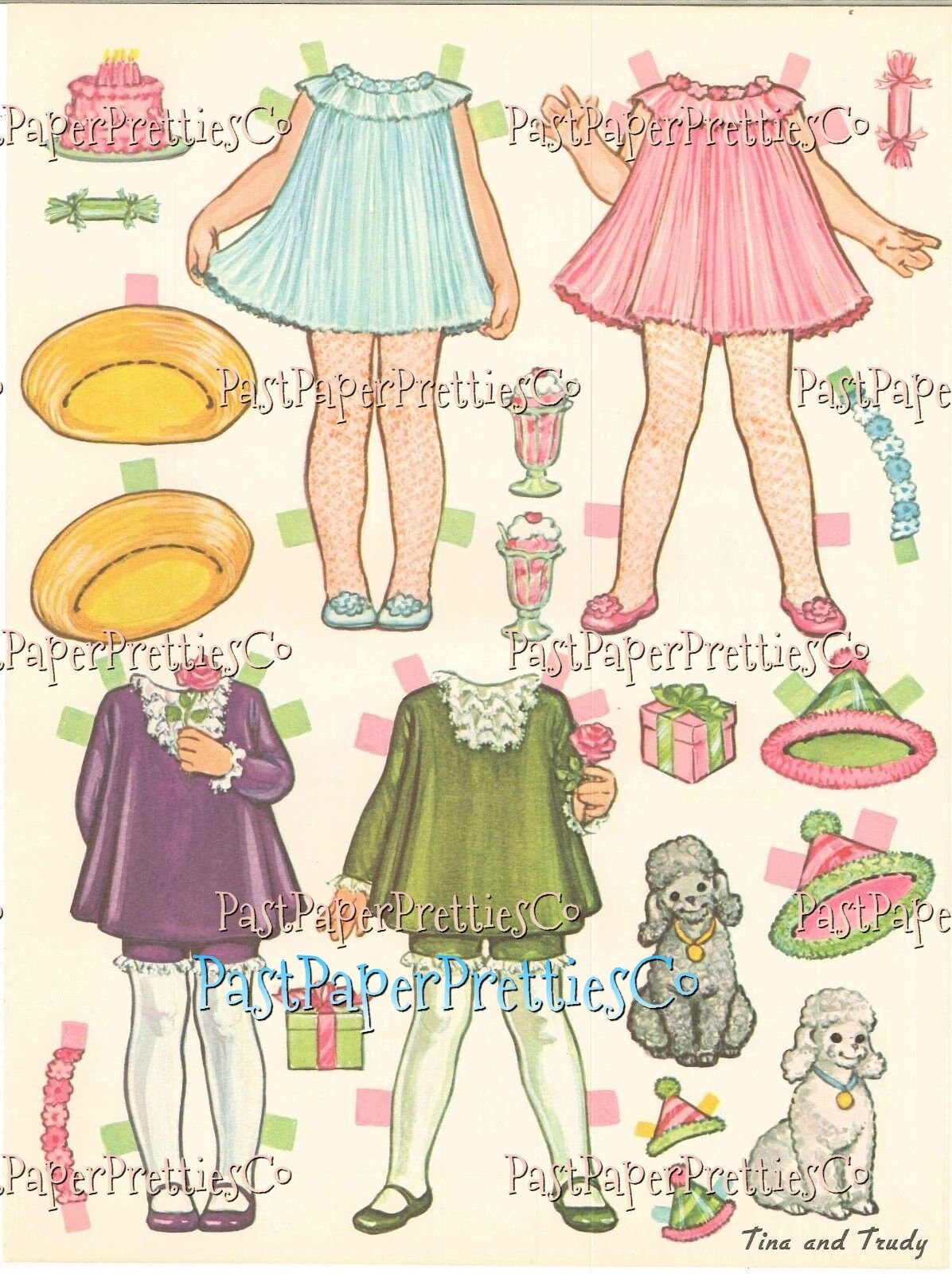 Vintage Paper Dolls Tina and Trudy Twin Dolls with Matching Wardrobes c. 1967 Printable PDF Instant Digital Download Cute Little Girls