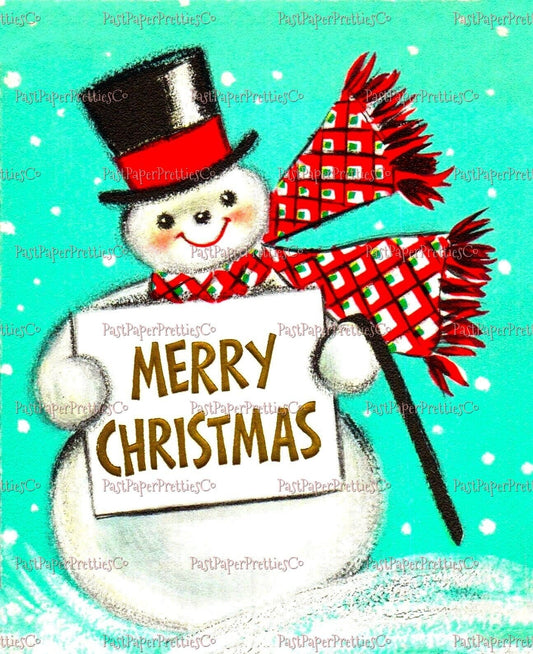 Vintage Printable Jolly Snowman Merry Christmas Card Image Retro 1950s PDF Instant Digital Download Kitsch Holiday Clipart JPEG PNG