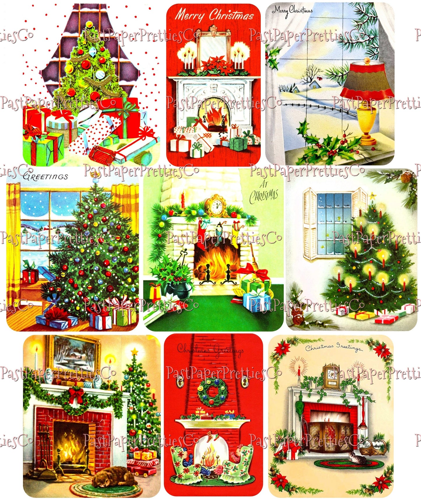 36 Vintage Printable Christmas House Interiors Tree Fireplace Indoor Scenes Collage Sheets MCM Card Images PDF Instant Digital Download