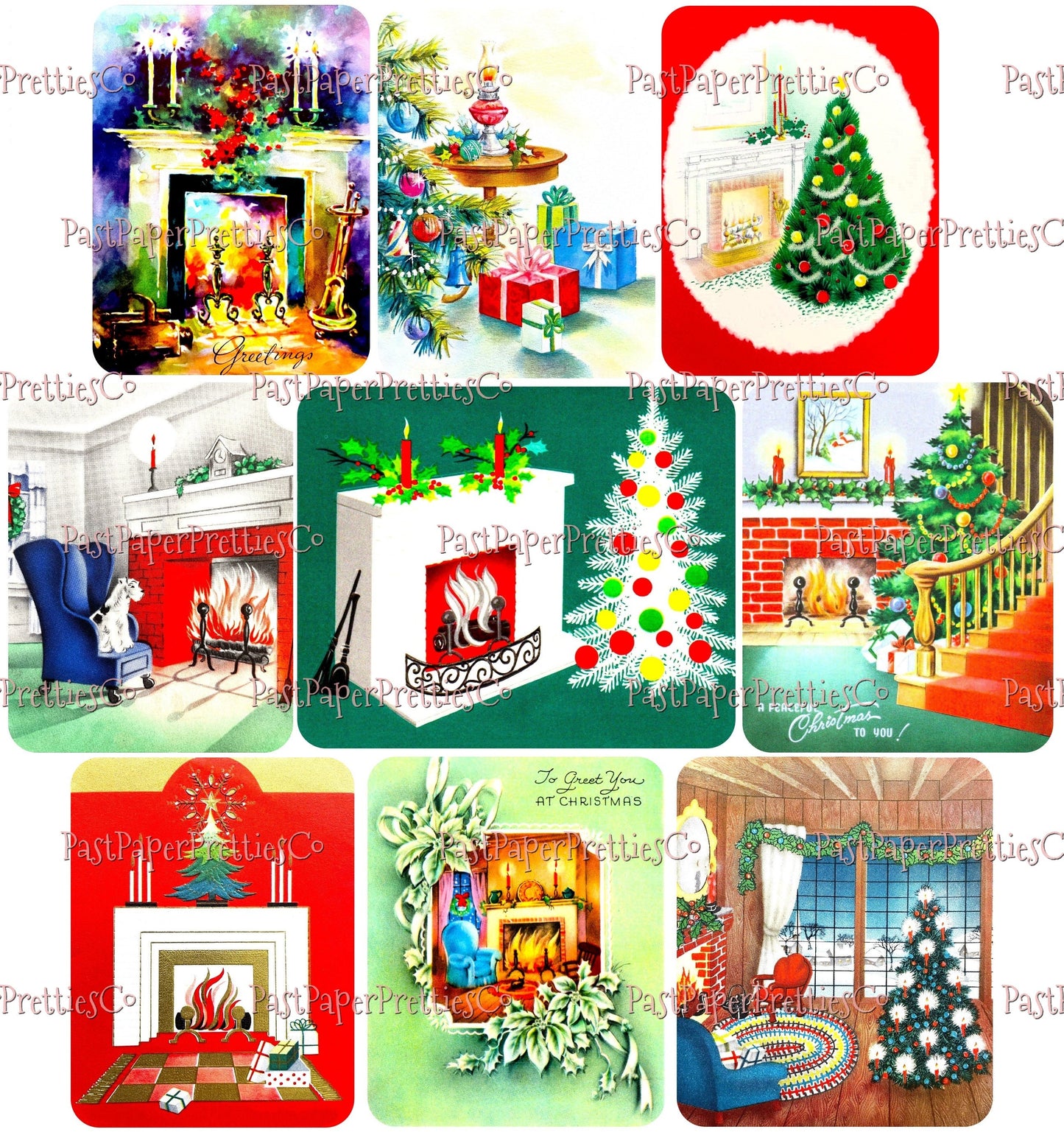 36 Vintage Printable Christmas House Interiors Tree Fireplace Indoor Scenes Collage Sheets MCM Card Images PDF Instant Digital Download