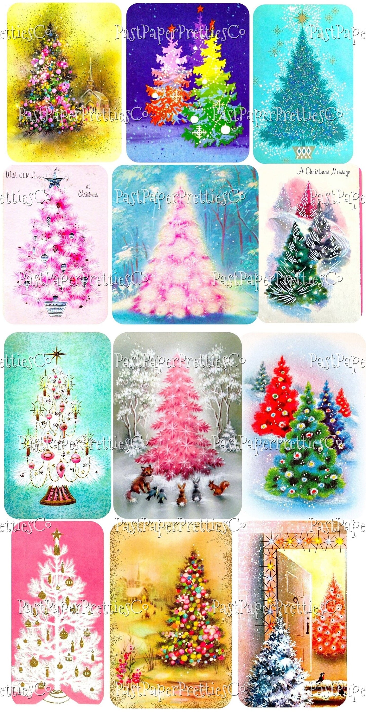 Vintage Printable Retro Pink Pastels Christmas Tree Card Images Collage Sheets Full Cards PDF Instant Digital Download MCM Mod Mid Century