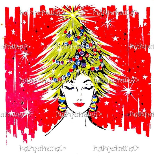 Vintage Printable Retro Glam Christmas Lady with Tree Hat Hairdo Girl Kitschy Mid Century Mod Image Instant Digital Download Holiday Clipart