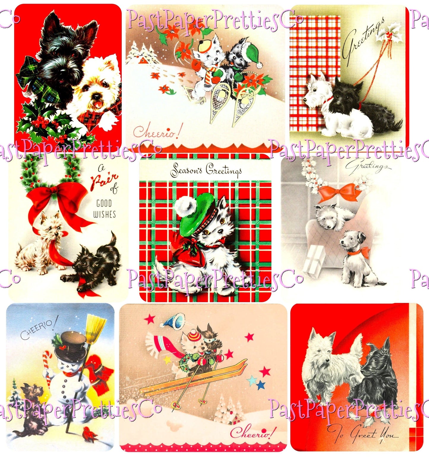 27 Vintage Printable Christmas Scottie Dog Collage Sheets & Full Card Images PDF Instant Digital Download Cute MCM Holiday Puppies Clipart