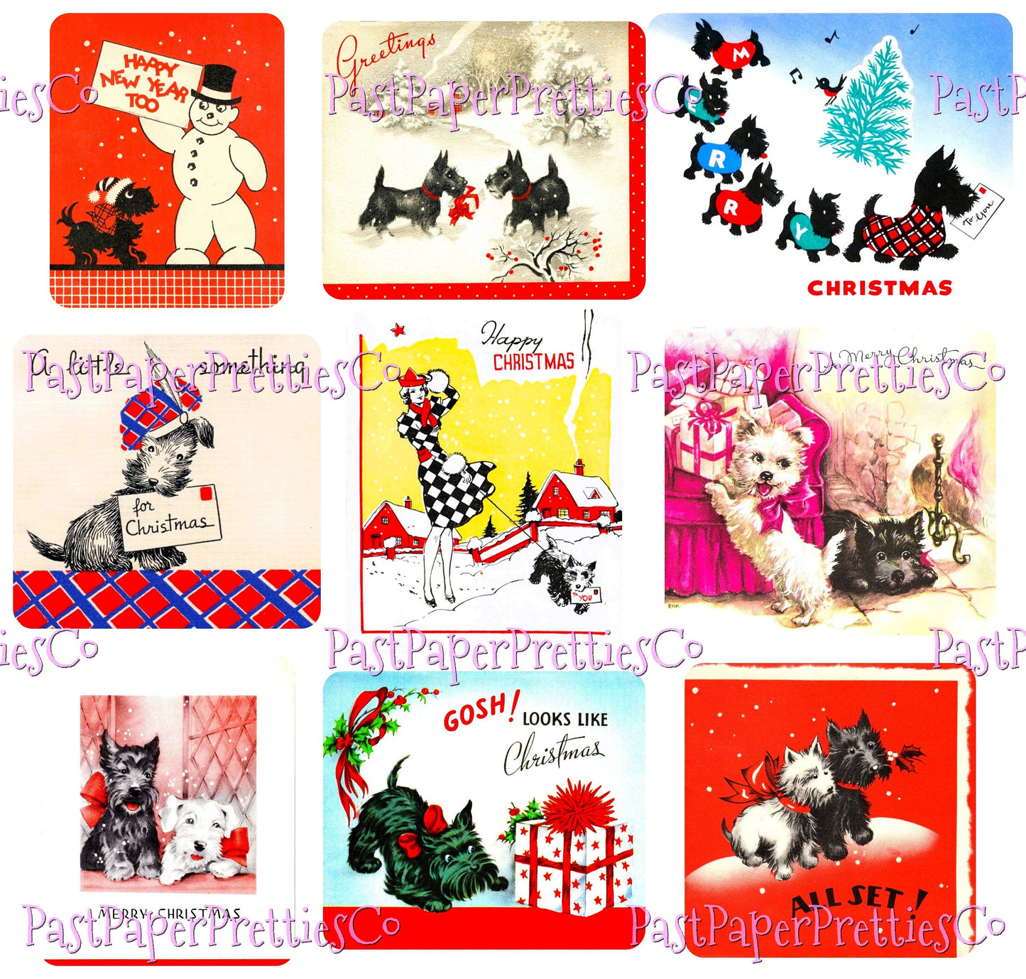 27 Vintage Printable Christmas Scottie Dog Collage Sheets & Full Card Images PDF Instant Digital Download Cute MCM Holiday Puppies Clipart