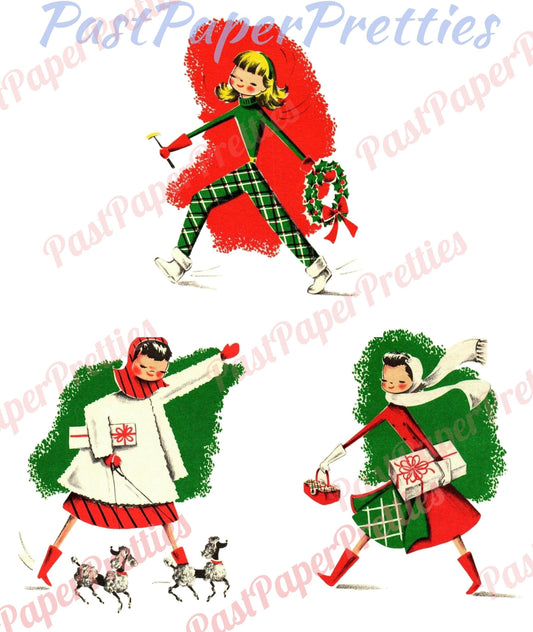 Vintage Printable Pretty Kitschy Mod Christmas Girls Card Images Shopping Decorating 1950s PDF Instant Digital Download Holiday Housewives