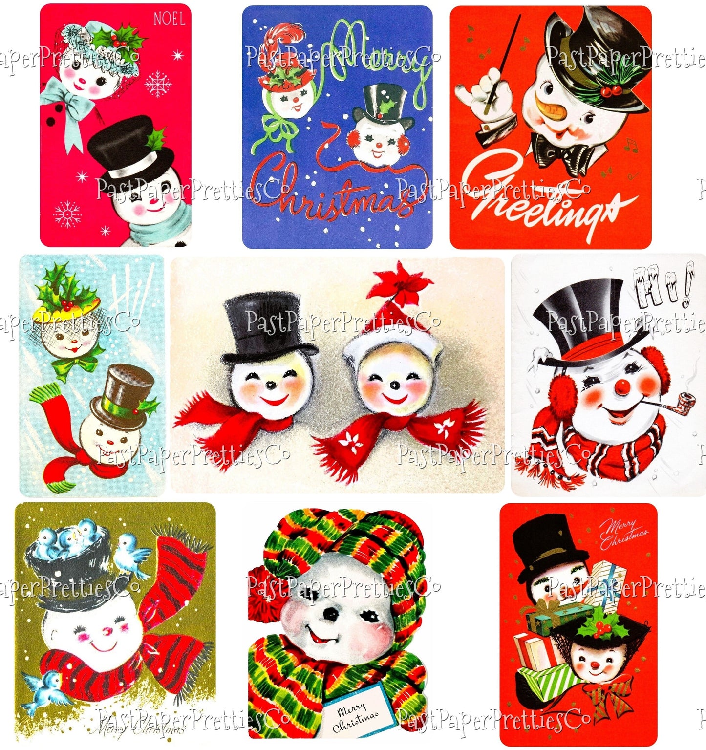 18 Vintage Christmas Jolly Snowman Faces Portraits Collage and Full Card Images PDF Instant Digital Download MCM Xmas Snow People Clipart