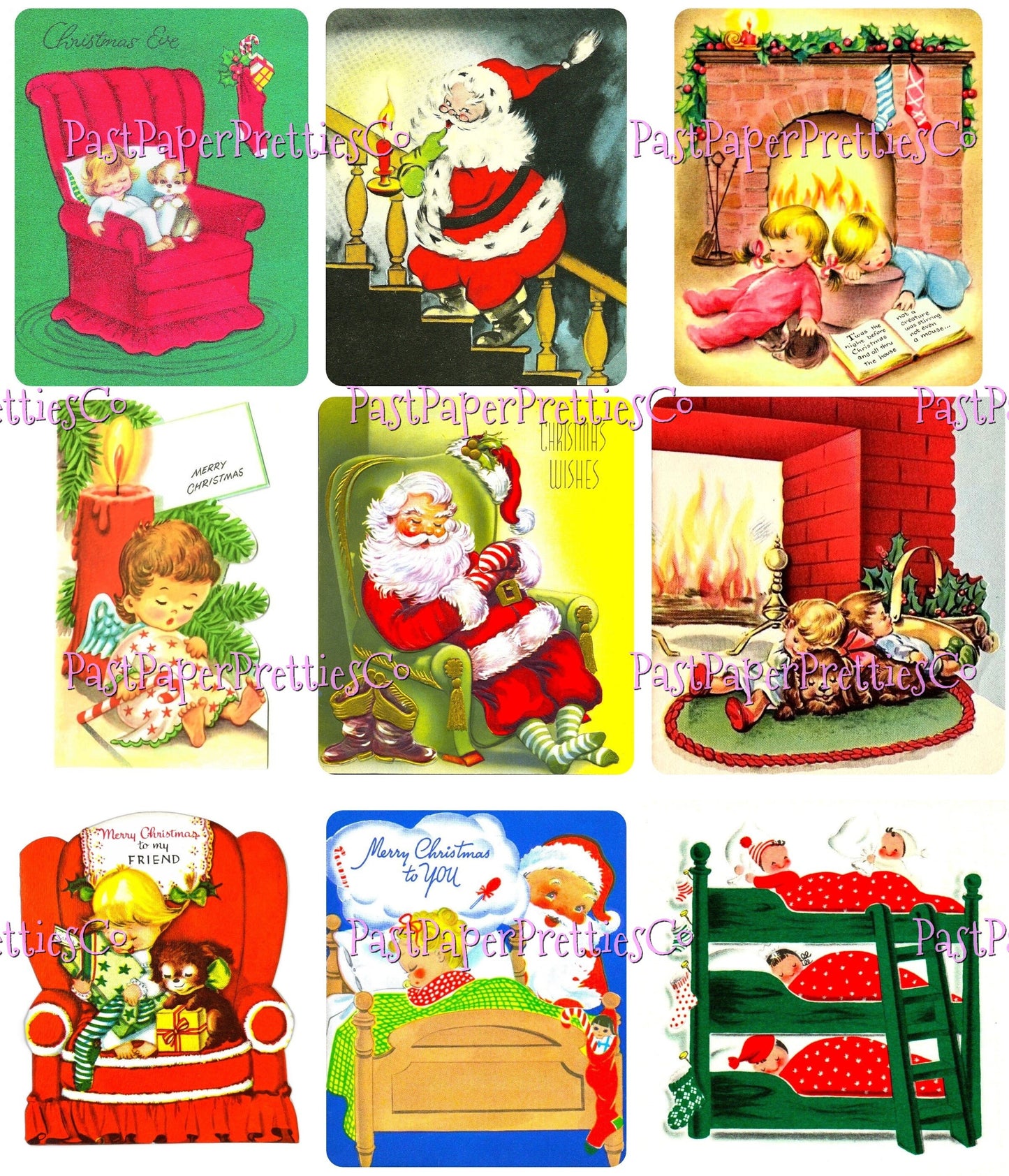 36 Vintage The Night Before Christmas Shhh Sleepy Children Santa Collage Sheets & Full Card Images Printable PDF Instant Digital Download