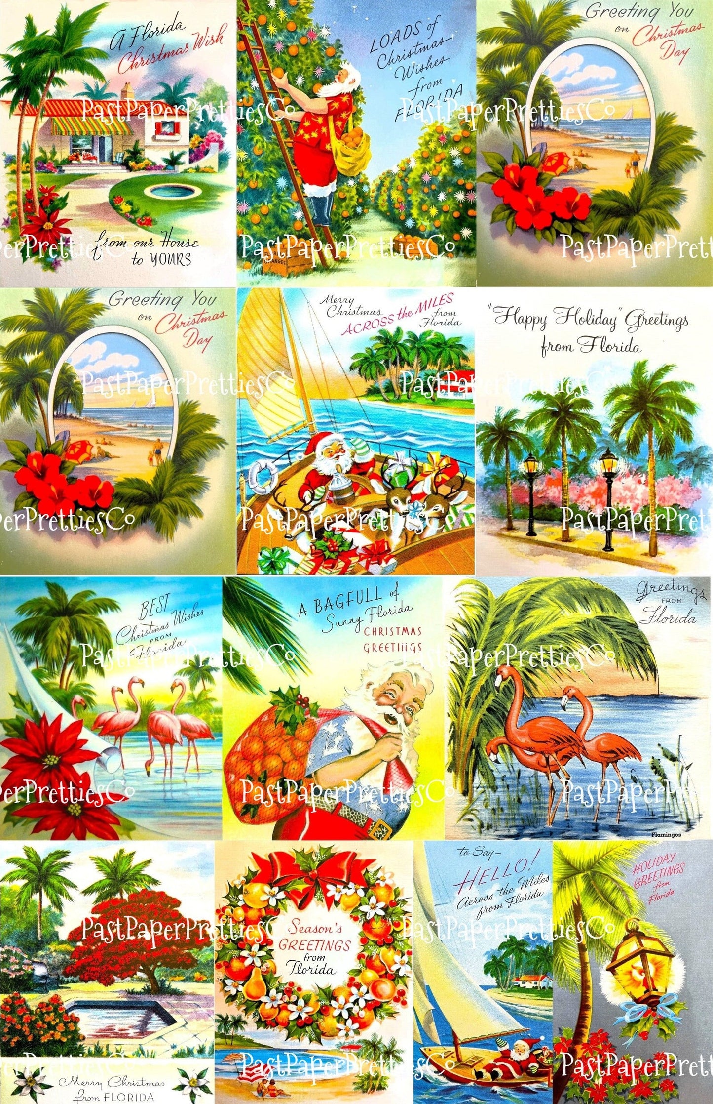 Vintage Printable Florida Christmas Card Images Tropical Holiday Santa Collages & Singles PDF Instant Digital Download MCM Holiday Clipart